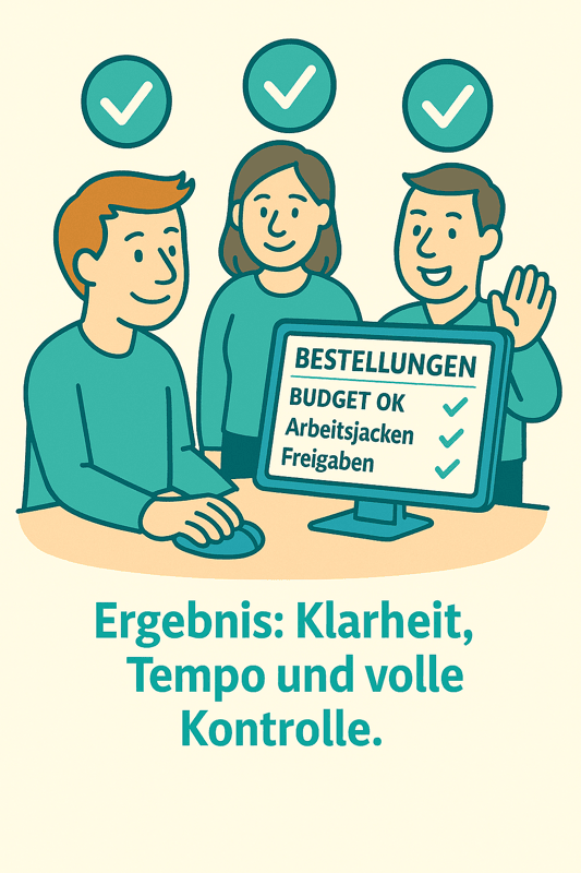 Drei entspannte Mitarbeitende vor Bildschirm mit Häkchen bei ‚Bestellungen‘, ‚Budgets‘ und ‚Freigaben‘ – symbolisiert Klarheit, Tempo und Kontrolle durch SupplyCommerce. Drei entspannte Mitarbeitende vor Bildschirm mit Häkchen bei ‚Bestellungen‘, ‚Budgets‘ und ‚Freigaben‘ – symbolisiert Klarheit, Tempo und Kontrolle durch SupplyCommerce.
