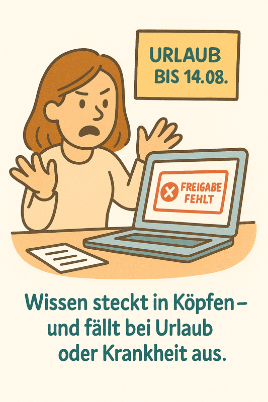 Verzweifelte Mitarbeiterin vor Bildschirm mit Hinweis ‚Freigabe fehlt‘, daneben ein Post-it ‚Urlaub bis 14.08.‘ – zeigt Abhängigkeit von einzelnen Personen bei Bestellungen. Verzweifelte Mitarbeiterin vor Bildschirm mit Hinweis ‚Freigabe fehlt‘, daneben ein Post-it ‚Urlaub bis 14.08.‘ – zeigt Abhängigkeit von einzelnen Personen bei Bestellungen.
